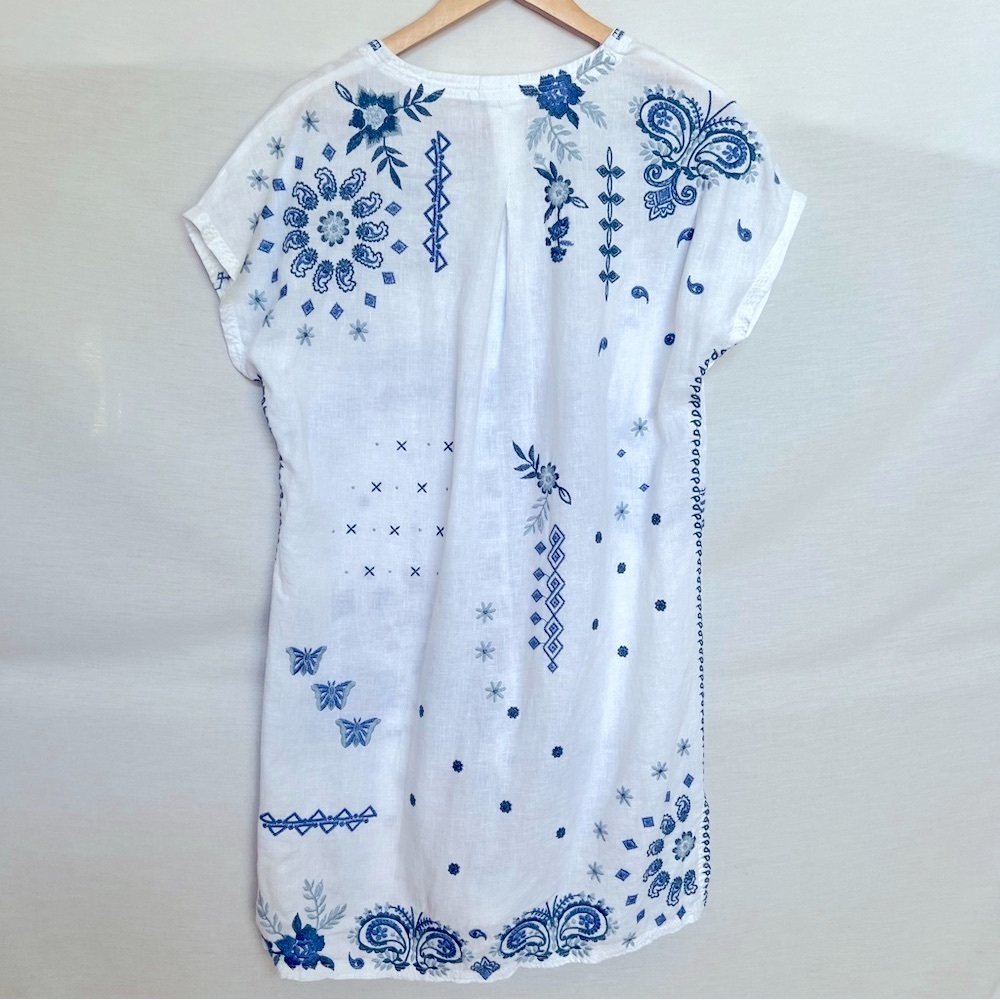 Johnny Was White and Blue 100% Linen Embroidered Boxy Dress - Picture 7 of 15